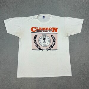 Vintage Russell Athletic Clemson University T Shirt White Mens Large USA Made